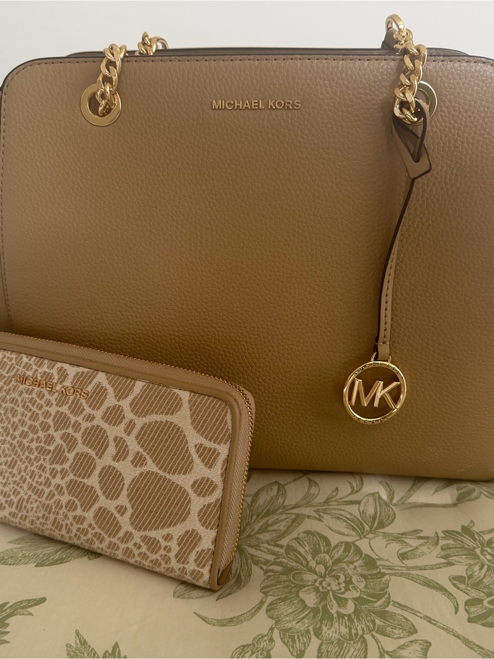 Michael Kors Tan Pebbled Leather Tote with MK Charm and Wallet/Wristlet